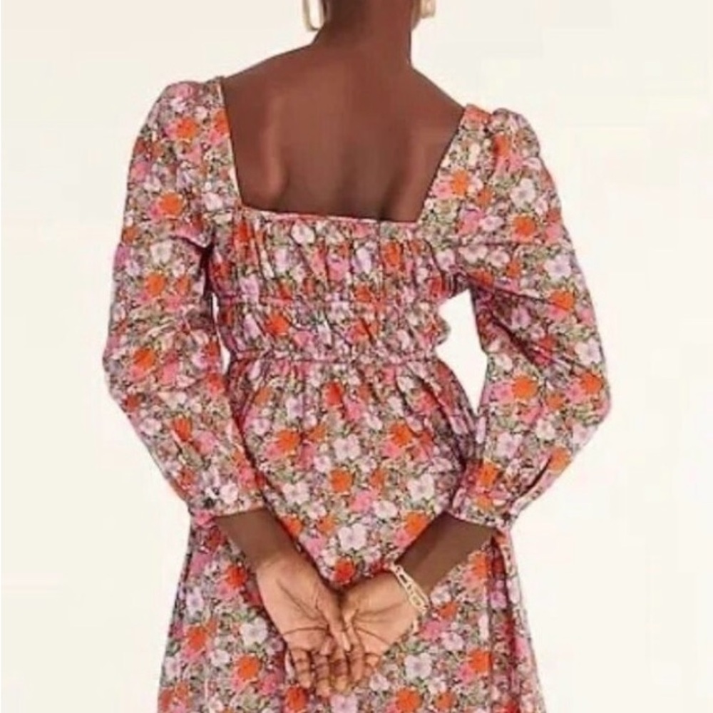 J. Crew Pink and Orange Floral Square-Neck Puff-Sleeve Dress